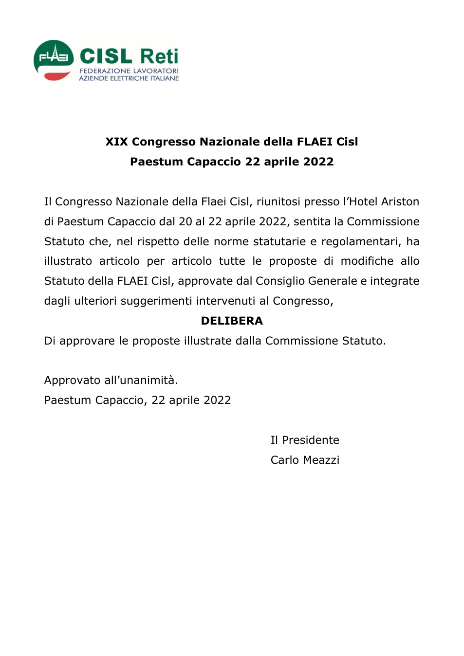 Anteprima Delibera statuto XIX Congresso Nazionale della FLAEI Cisl