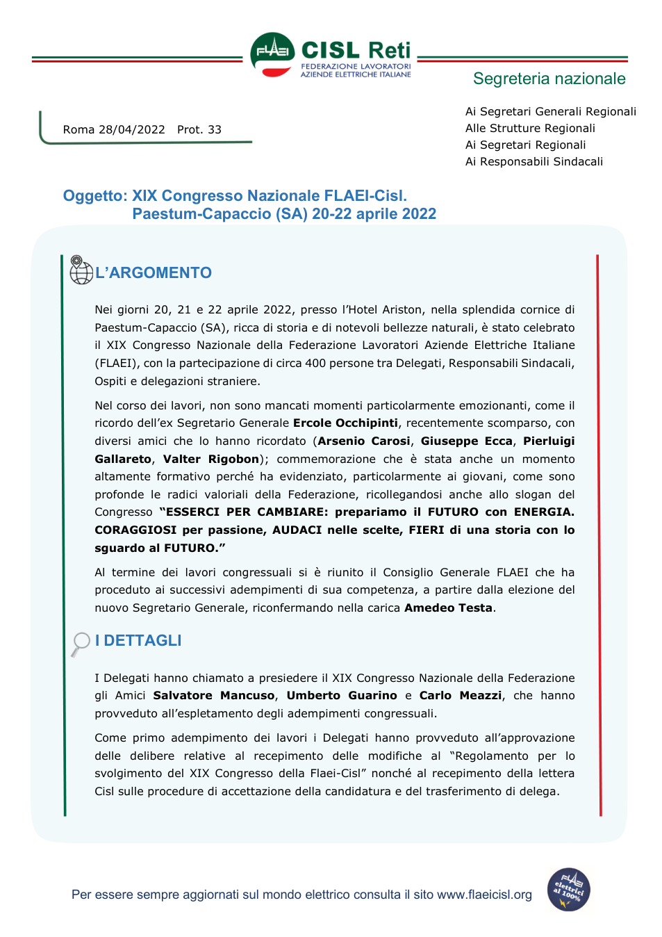 Anteprima XIX Congresso FLAEI Cisl - Sintesi lavori